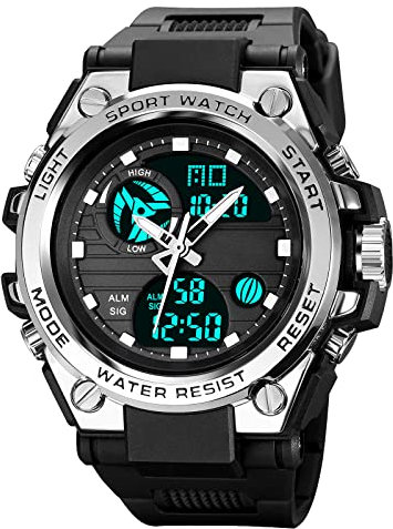 GBB Sport-Digitaluhr für Herren, wasserdicht, Sportuhr mit Alarm/Timer, Militär-Multifunktions-LED-Dual-Display, Armbanduhr für Herren, Silberfarben, Riemen