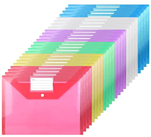 24PCS A4 Plastic Wallets Plastic Folders Waterproof Document Folders Popper Wallets with Snap Button and Label