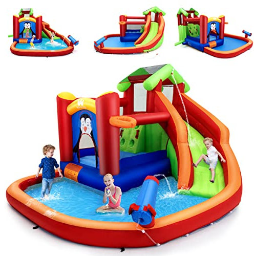 COSTWAY Château Gonflable avec Toboggan Aquatique & Maison de Saut, Aire de Jeux Gonflable avec Piscine & Motif de Pingouin, Canon à Eau & Panier, Charge 135kg pour 3 Enfants de 3 à 10 Ans