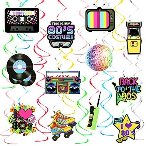 Aurasky 80er Thema Party Dekorationen, 36pcs 80er Jahre Deko Luftschlangen HäNgende Wirbel Party Decken Deko, Bunte 80er Rückblick Geburtstag Party Neon Rock Hippie Zubehör Disco Retro Partybedarf