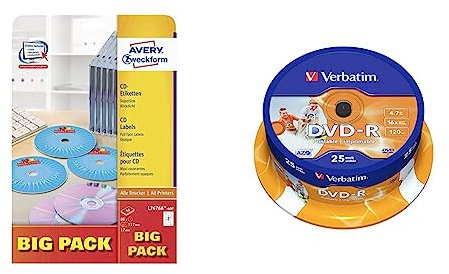 AVERY Zweckform L7676A-40P selbstklebende CD-Etiketten & Verbatim DVD-R Wide Inkjet Printable 4.7GB I 25er Pack Spindel