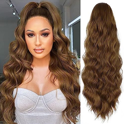 YEESHEDO Pferdeschwanz Haarteil braune Lange Wellig Locken Haarteil Zopf mit Kordelzug Ponytail Natürliches Kunsthaar Haarverlängerunge Extensions für Damen Afro Zopf Ponytail 60cm