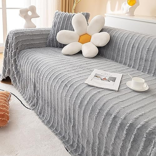 Daesar Couch Überzug Ecksofa 180x180CM, Couchbezug Katzenschutz Grau mit Quasten Bezug Sofa 1 Sitzer Universal Sofabezug Plüsch