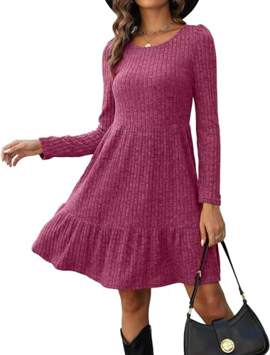 Zetieny Dress for Women Long Sleeve Jumper Dresses UK Knitted Round Neck Tunic Dress Casual A Line Elegant Sweater Dresses Autumn Winter Wine Red