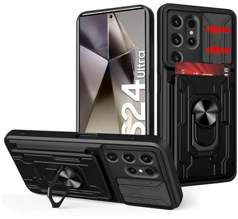 carinacoco Case for Samsung Galaxy S24 Ultra, with Slide Camera Cover+Finger Ring Stand+Removable Card Holder, TPU+Hard PC Anti-Scratch Military Grade Shockproof Rugged Armour Cover, Black