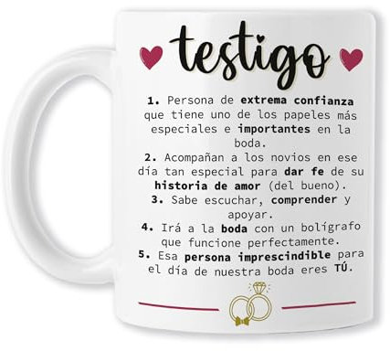 Taza Testigo de Boda - Especial para Celebración - Recién Casados - Regalar de parte de los Novios - Detalle novios - Enamorados - Matrimonio - Ideal Para Café, Agua o Te - Descripción