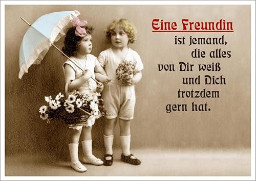 Lustige Postkarte für beste Freundin, Vintage-Stil mit Spruch 'Eine Freundin ist jemand, der alles von Dir weiß und Dich trotzdem gern hat', Ideal als Geschenk
