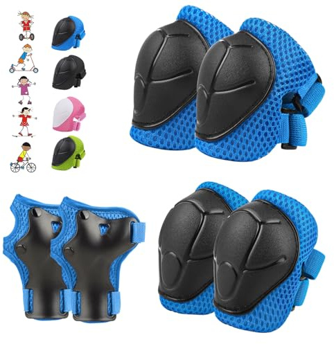 WayEee 6PCS Kids Protective Gear Set Knee Pads Elbow Pads, Blue/S/3-10 Age