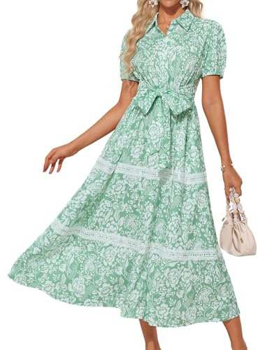 GRACE KARIN Womens Holiday Vacation Beach Dresses Trendy Tie Belt A Line Maxi Shirt Dress with Pocket