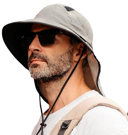 TOP-EX XL/XXL Unisex Sonnenhut Herren Breite Krempe mit Nackenschutz Sonnenbrillenhalter SPF 50 Outdoor Safari Sommerhut Wasserdicht & Faltbar Hellgrau XL/XXL