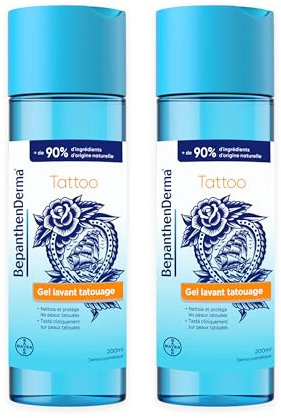 Bepanthen Derma Tattoo Gel Lavant - Nettoyant doux tatouage - Nettoie, Apaise et Protège - pH neutre, Sans savon, sans parfum, sans colorant - Soin hygiénique post-tatouage - Maxi Format 2x200ml