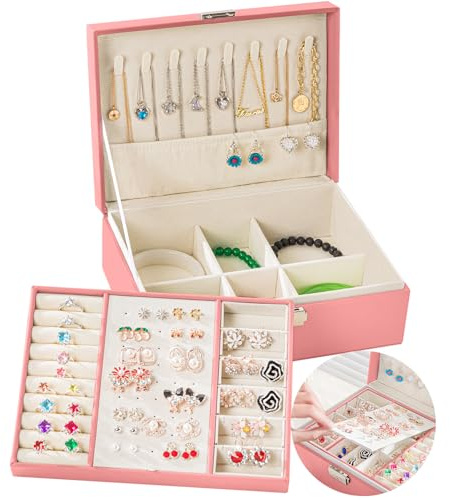 Granbest Portable Jewellery Box with Removable Tray, Exquisite Leather Jewellery Organiser with 2 Layers, Jewellery Storage Case for Necklace, Earrings, Rings, Bracelets (Pink)