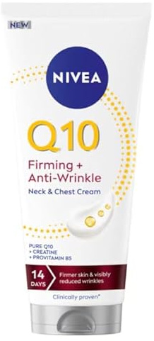 NIVEA Q10 Straffende Anti-Falten-Creme für Hals und Dekolleté (200 ml), 72h Feuchtigkeitscreme für den Körper mit Kreatin und Provitamin B5, für straffere Haut und reduzierte Falten innerhalb von 14