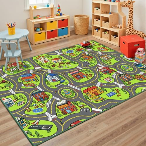 Upgrade Ultra Non Slip Kids Car Rug, Kids Road Playmat Rug for Toy Cars, Educational Town City Map Washable Carpet for Boy Playroom Bedroom, Safer Car Track Play Mat for Children Baby Toddler, 60x36