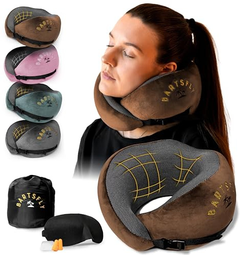 BARTSFLY Nackenkissen - Memory Foam Reisekissen Auto & Flugzeug, Ergonomisch Travel Pillow Airplane, Flugzeugkissen gegen Nackenschmerzen, Komfort für Schlafen, Langstreckenflug, Waschbar (Braun)