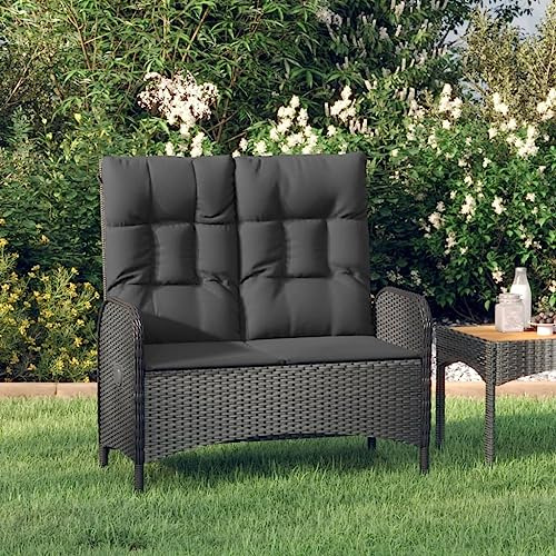 Frdhee Balkon Bank Terrassenbank, Gartenbank mit Liegefunktion & Kissen 107cm Poly Rattan Schwarz für Balkon und Garten