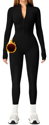 HUKUMA Jumpsuit Damen Lang Eng, Thermo Jumpsuit Yoga Overall Langarm, Reißverschluss Sport Einteiler, Romper Bodysuit Damen