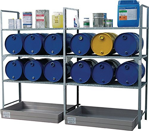 CEMO Fassregal H2000xB1320xT800 m.150l GFK-Wanne 3-stöckig Modern Lackiert Korrosionsbeständig Stoßfest Chemikalienbeständig Höhenverstellbar Aufbewahrung Wohnzimmer