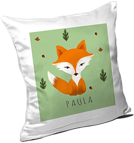 Eurofoto Kissen mit Namen Paula und schönem Motiv mit Aquarell-Fuchs für Mädchen | Namenskissen personalisiert | Kuschelkissen | Schmusekissen