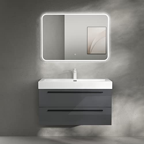 doporro Badmöbelset Quadratto, 2-teilig, Waschbecken aus Mineralguss und Unterschrank mit 2 Schubladen 90cm in anthrazit