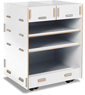 Modulor Kinder-Rollcontainer aus beschichtetem MDF, Schreibtisch Rollschrank (BxHxT: 38 x 49 x 34 cm) mit Zwei Schubladen und DREI Fächern, weiß