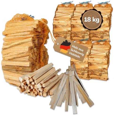 Landree Anfeuerholz, Anzündholz 18 kg (6 Netze a 3 kg) ca 20cm Scheitlänge, Nadelholz, trockenes und sofort einsetzbares Brennholz für Kamin und Ofen, Qualität aus Schleswig Holstein