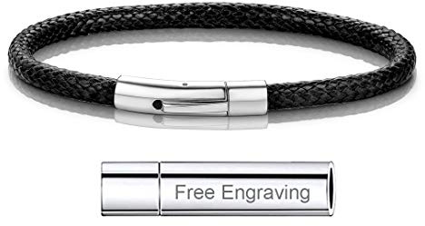 Bracelet Cordon Personnalisé Prénom Gravé Homme Femme Cuir Perles Acier Inoxysable Anneaux Gravure Personnalisable-Bijoux Cadeau Fete Des Père Mère Garçon Fille Anniversaire Couple Ami Noir-20 CM