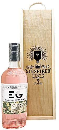 Personalised 'Ginspired' Edinburgh Rhubarb & Ginger Gin Liqueur Gift Set in a Wooden Presentation Box (20% ABV) - Perfect Present for Mother's Day, Father's Day, Birthdays & Anniversaries