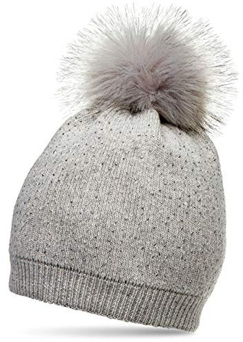Caspar MU191 Damen Fein Strick Winter Mütze mit Fellbommel und dezentem Glitzer Strass, Farbe:hell grau, Größe:One Size