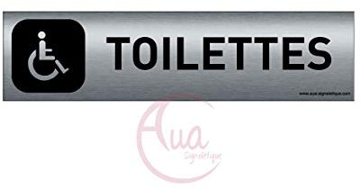 AUA SIGNALETIQUE - Plaque Aluminium brossé imprimé AluSign DARK - 200x50 mm - Double Face adhésif au dos (Toilettes handicapés)