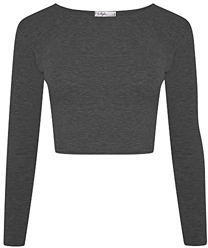 Shop & Stop New Womens Ladies Crop Short T Shirt Long Sleeve Plain Round Neck Top 8-14 (Dark Grey, M/L (UK 12-14))
