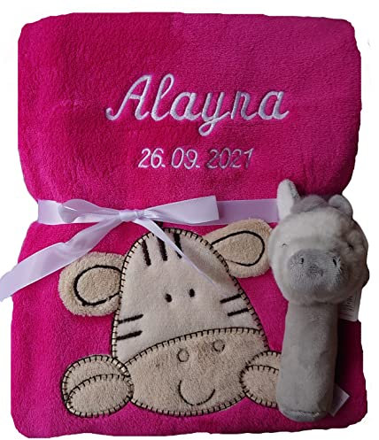 Wuff-Dogsworld Babydecke mit Namen Bestickt Babysocken und/oder Babyrassel Greifling Baby Geschenk Geburt Taufe (pink Zebra)