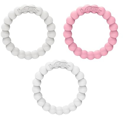 Dr. Brown's Flexees Teether Rings, 100% Silicone, Soft and Easy to Hold, Encourages Self-Soothe, 3 Pack, Pink, White, Gray, BPA Free, 3m+