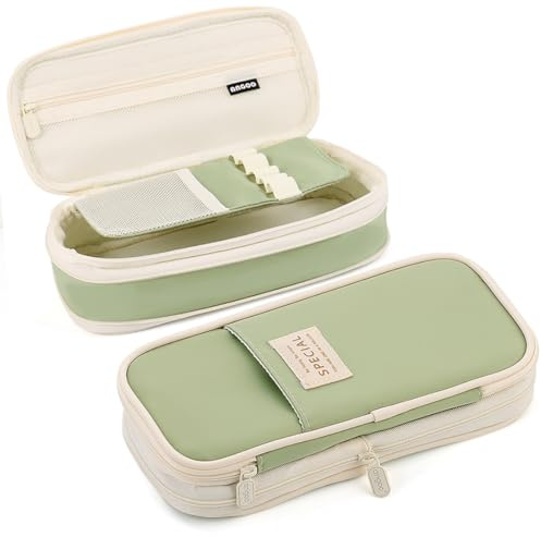 MAMUNU Expandable Pencil case with compartments, Large Capacity Pencil Cases Pencil Bag Pouch Adults, Portable Pencil Case Large School Stationery Organizer, Makeup Cosmetic Bag, Green