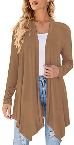 Cardigan da donna drappeggiato aperto sul davanti casual a maniche lunghe leggero cardigan maglioni spolverino, Cammello, M