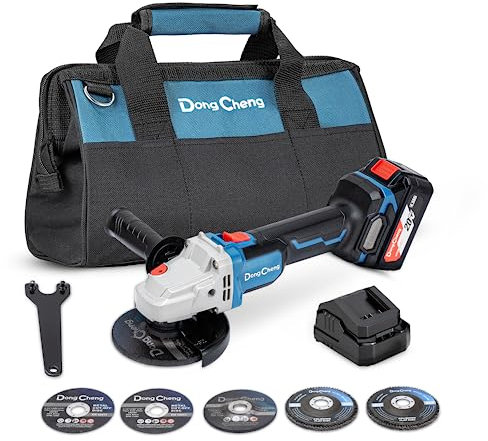 DongCheng - Smerigliatrice angolare a batteria 18 V, diametro disco: 115 mm, senza spazzole, con 2 dischi abrasivi, 2 dischi da taglio, dado a sgancio rapido e impugnatura aggiuntiva, con batteria da