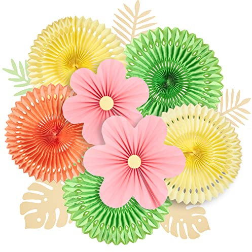 SUNBEAUTY Paper Flowers Leaves Decoration for Wall Pink and Green Fans Classroom Decoration Floral Backdrop Decor Paper Fan Decor Hanging Set of 12