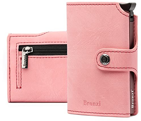 Bronzi Portafoglio Portafoglio Donna/uomo Slim - In Pelle Marrone - Porta Carte Credito - Portacarte uomo - Mini Porta Tessere (Rosa)