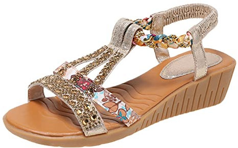 OALEEN Sandales Compensées Femme Eté Confortable Orthopedique Strass Nu-pieds Bride Arrière Plage Mariage Chaussures Doré 38
