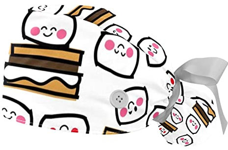 2 Stück Arbeitskappe mit Knopf verstellbare Pferdeschwanz-Beutel-Hüte für Frauen,Kawaii Muster Cartoon Zuckerwatte