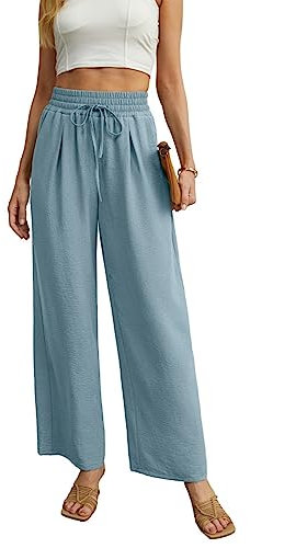 QIXING Weite Hosen Damen High Waist Palazzo Hose Gerade mit Taschen Yoga Stoffhose Damen Elegant Sommer Damenhose mit Gummizug (Blau Grau, M)