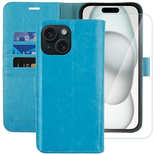 MONASAY Wallet Case for iPhone 15 with 3 Card Holders Light blue | With a Kickstand, RFID Blocking, 6.6 feet of shock absorption, PU Leather, Strong Magnetic Closure, Fits 6.1 inch ONLY