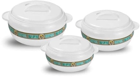 Asian 3-Piece Gift Set Karishma 5L + 8L + 10L Insulated Casserole Serving Bowl With Lid Food Warmer Cooler Hot Pot Storage Container Thermo Thermal Hotpot, White (5000ml + 8000ml + 10000ml)