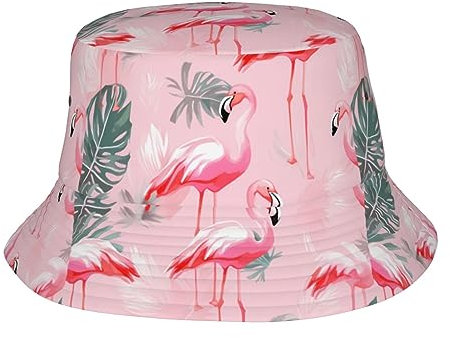 BONDIJ Sommerhut mit Flamingo, Palmblättern, Fischerhut, verstaubar, für Damen und Herren, Sommer-Flamingo-Palmenblätter, Einheitsgröße