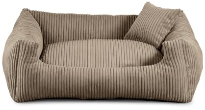 Gutekissen® Hundebett aus weichem Material, gefüllt mit Polyurethanschaumstoff, Geripptes Material, schmutzabweisend, Farb- und Größenwahl, inklusive kleines Kissen. (L - 90x75, Hellbraun)