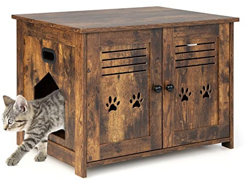 Maxmass Cat Litter Box Enclosure, Hidden Kitty Washroom Toilet with 2 Doors and and Side Entrance, Wooden Cat House Furniture for Bedroom, Living Room and Bathroom (Brown, 70 x 52 x 51cm)