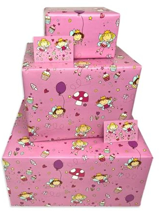 Twizler Geschenkpapier für Mädchen – Rosa Feen – 6 Bögen & 6 Anhänger & passende Karte – 70 cm x 50 cm gefaltete Blätter – süßes Kinder-Geschenkpapier zum Geburtstag