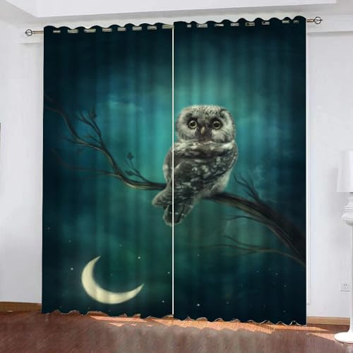 GIOVIA 3D Eule Gardinen Abdunkelnde Mond Sternenhimmel Kindervorhänge Vorhang mit ösen 2er Set Vorhänge Blickdicht Verdunkelungs für Kinderzimmer Schlafzimmer Wohnzimmer B 140 X H 160 cm