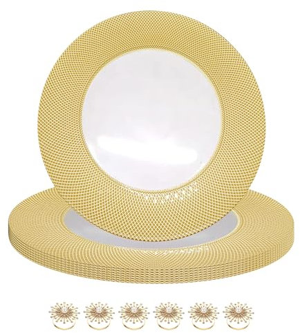 WedDecor Juego de 6 platos de cristal transparente de 13 pulgadas con diseño a cuadros dorados y servilleteros de diamantes de perla, perfectos para bodas, cenas y decoraciones de mesa