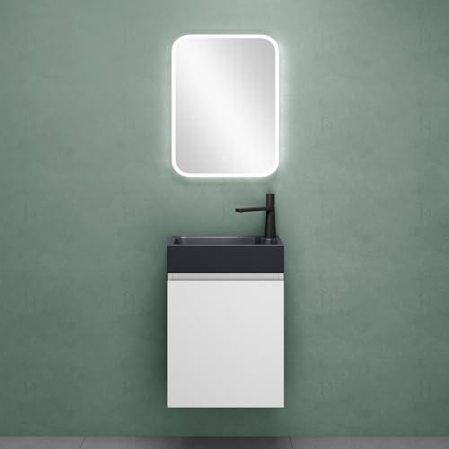 Mai & Mai Mueble de Baño Flotante en Color Blanco Mate 46x26x63cm | Lavabo de Mármol Fundido Antracita Mate | Espejo LED | Gabinete de Almacenamiento para Baño Pisa02
